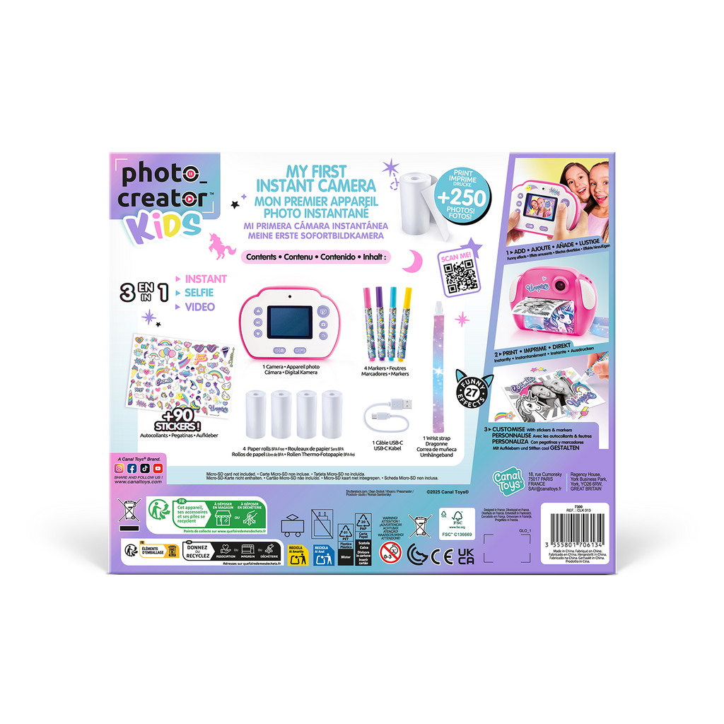 Mi Primera Cámara Instantánea 3 en 1 para niños con 4 rollos de papel y 4 Rotuladores - My Fisrt Instant Camera Photo Creator Kids - Photo Creator - CLK013 - CanalToys